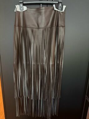 L'AGENCE Brown Faux-Leather Fringe Midi Skirt